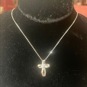 Elegant Silver and Crystal Cross Pendant Necklace 9” chain, 1” pendant